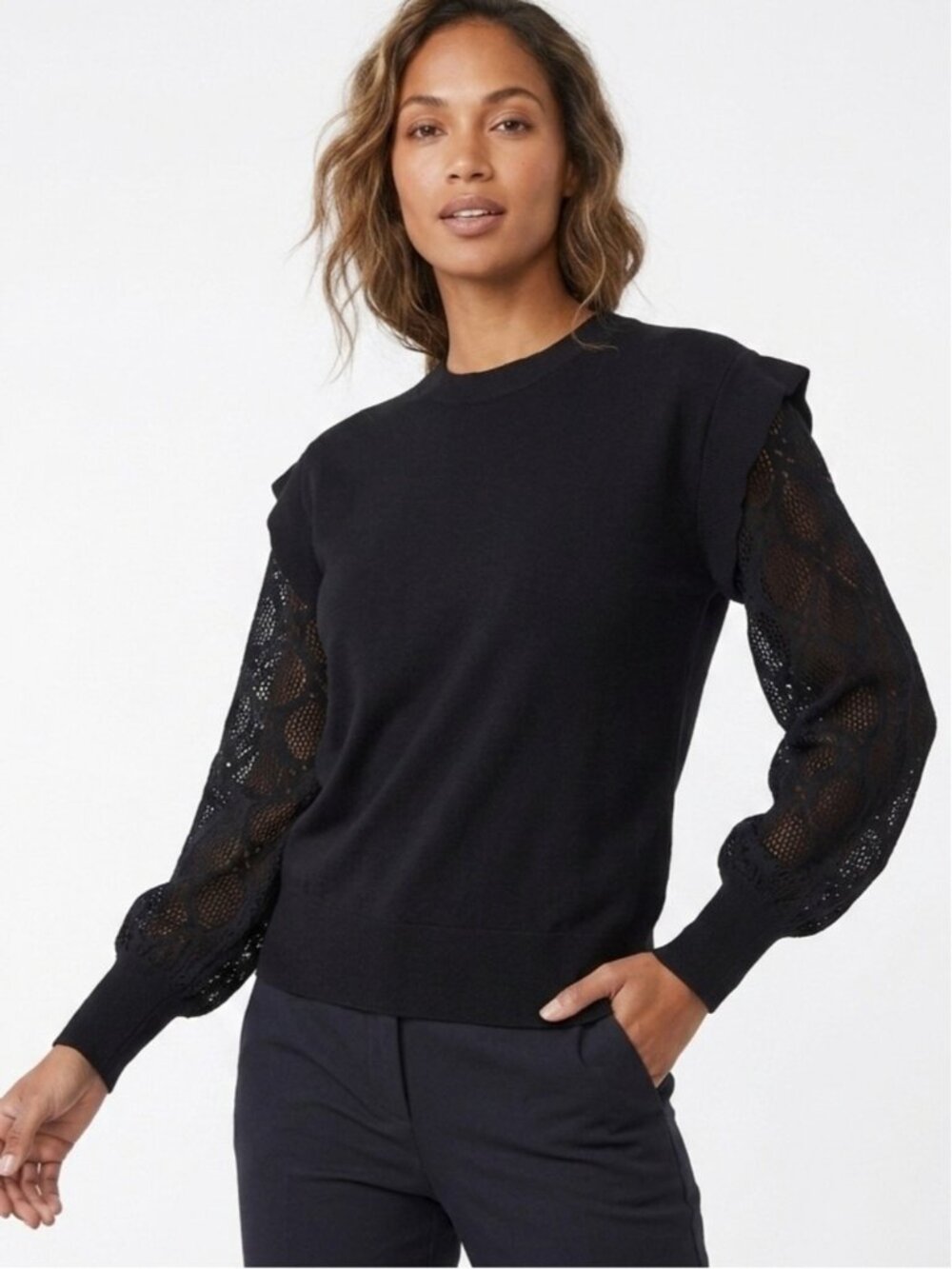 DKNY Black Mixed Media Crewneck Sweater with Crochet Lace Flutter Sleeves M -558